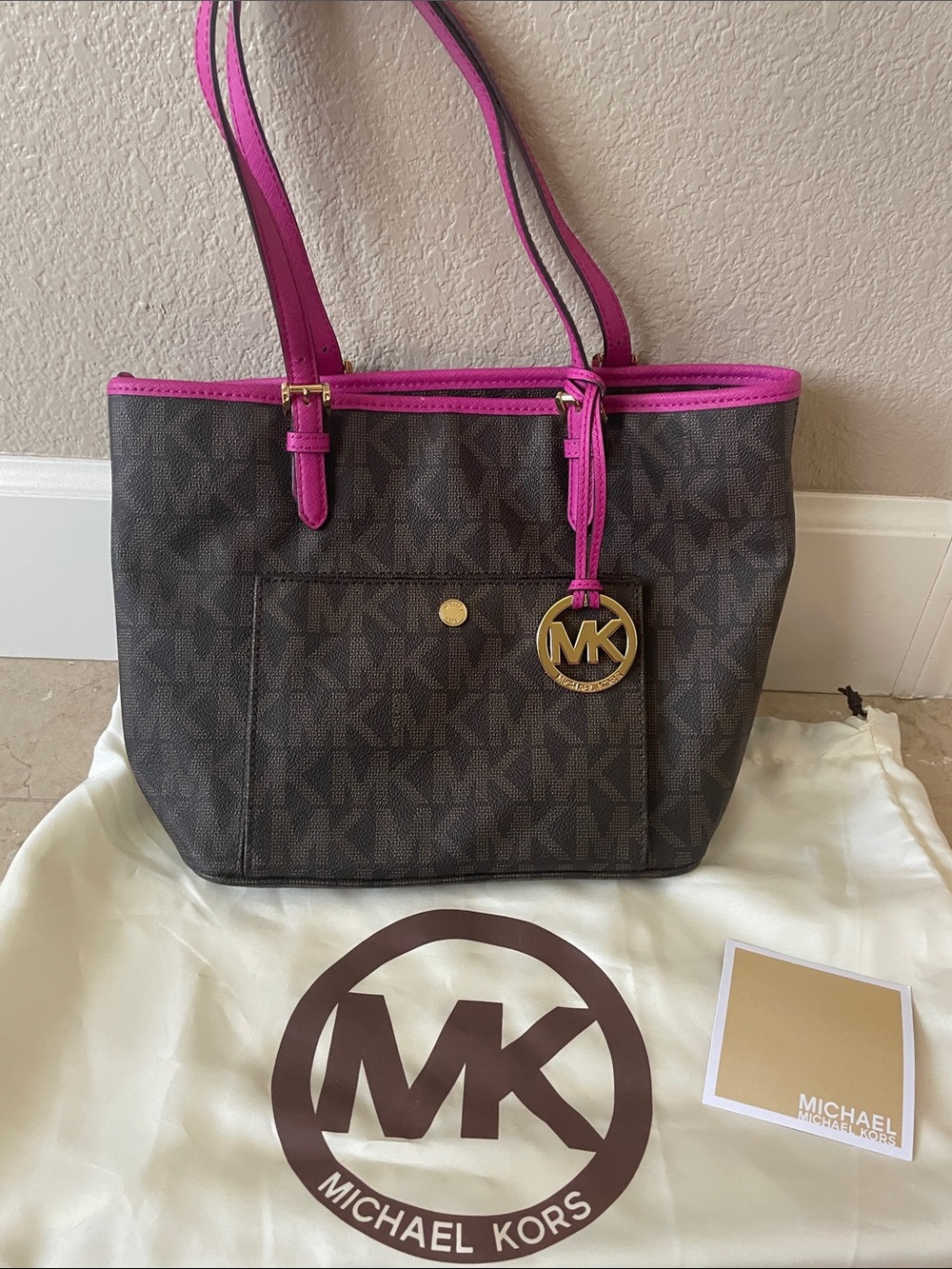 Like New Michael Kors Brown MK Logo Tote with Hot Pink Trim